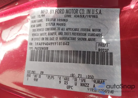 2000 Ford Mustang from USA, damaged, VIN 1FAFP4049YF181842